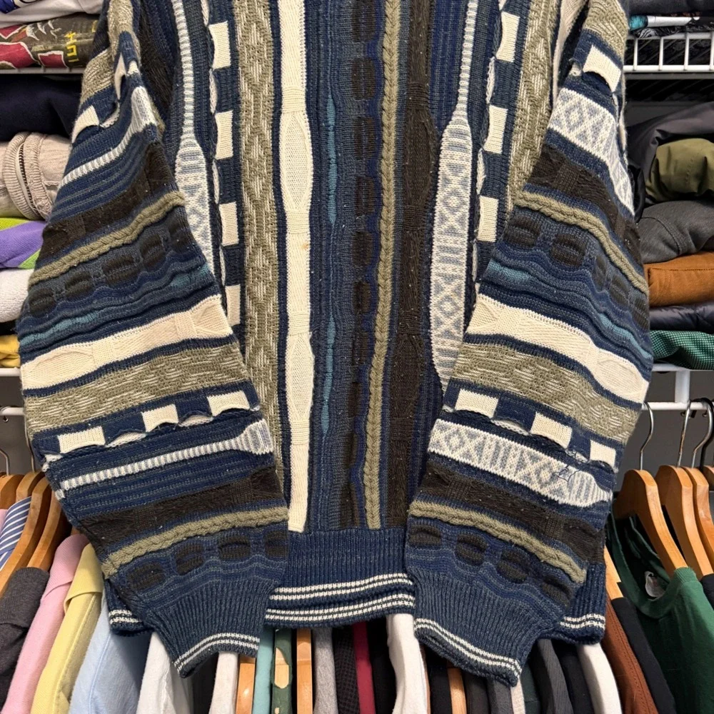 Vintage 3D Knit Sweater Mens M Blue Coogi Style Textured Crewneck Retro Pullover - Picture 2 of 6